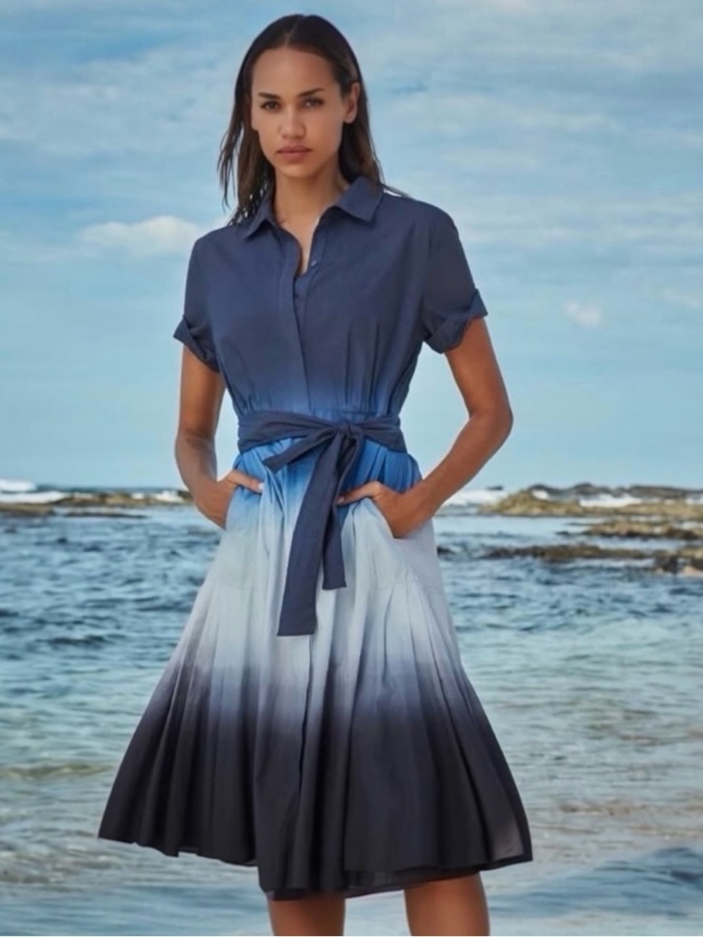 Kobi Halperin Jana Ombre Dip Dye Cotton Tie-Waist Midi Short Sleeve Shirtdress